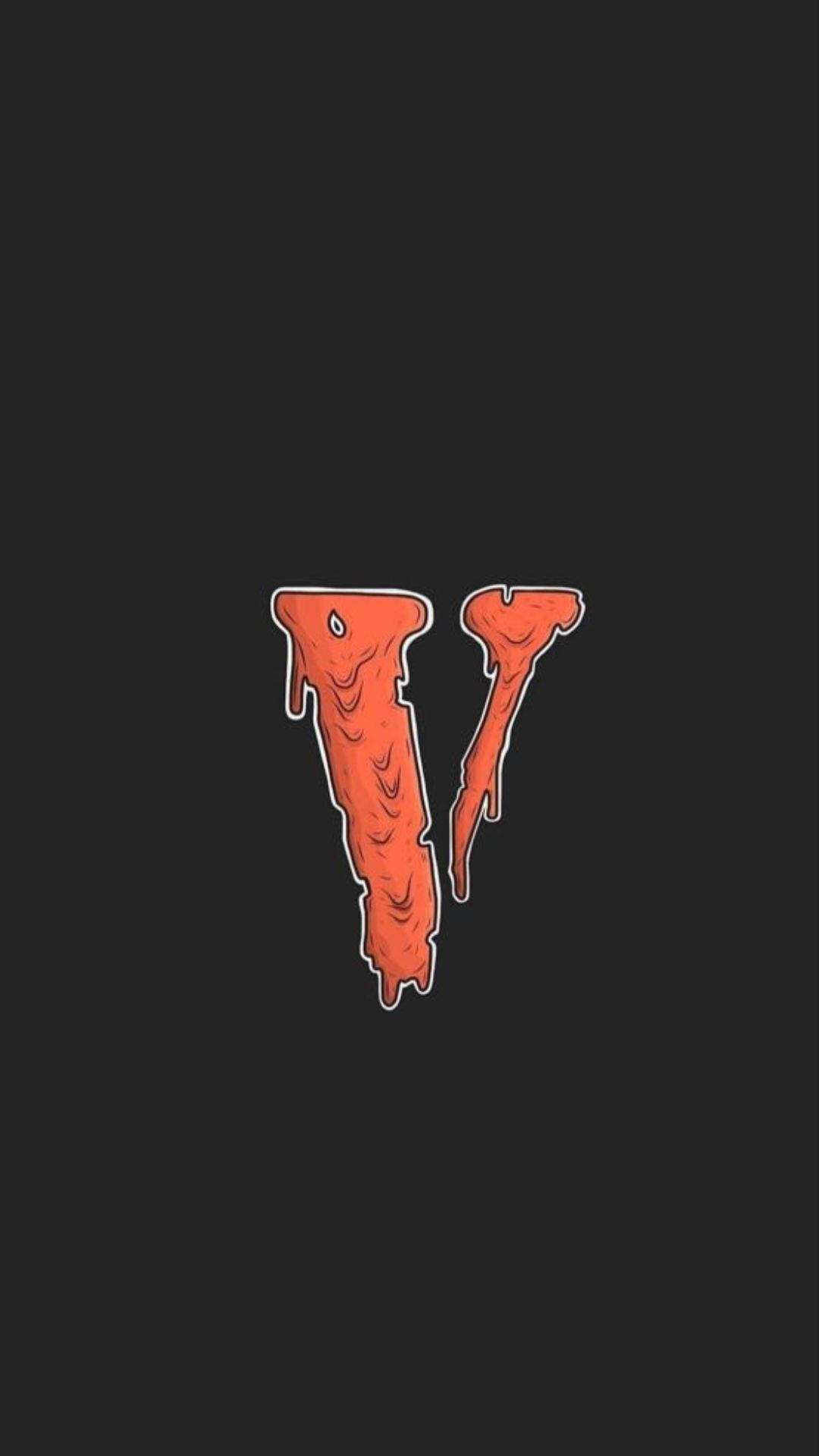 Vlone 桌布 壁紙 — 一個滴落的橙色字母V，帶有紋理表面和白色輪廓，在純黑色背景上。