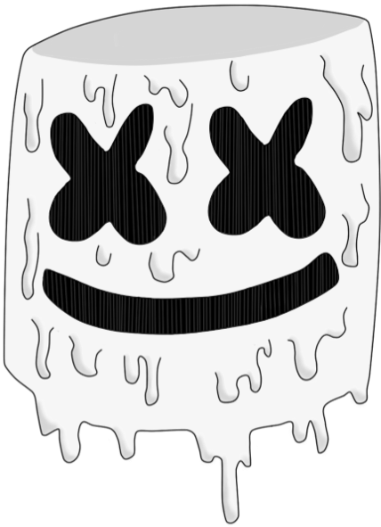 Marshmello 動態圖 桌布 壁紙 — 一個滴落的白色棉花糖，帶有黑色X眼睛和寬闊的笑容，在純黑色背景上。