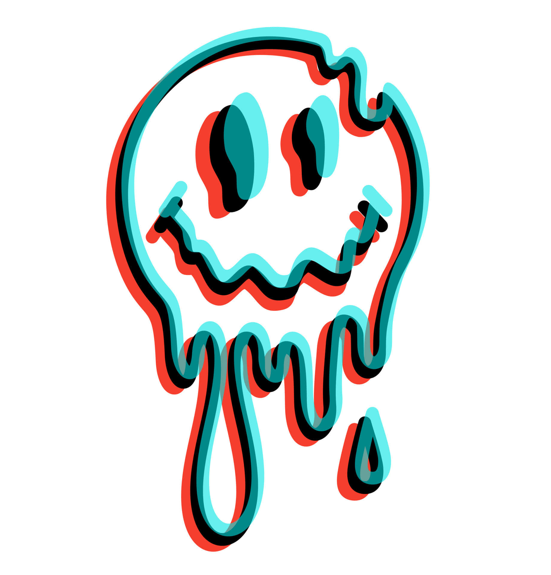 Aesthetic Trippy Smiley Face 桌布 壁紙 — 一個滴落的笑臉，帶有粗體的紅色和藍綠色輪廓，在白色背景上向下融化。