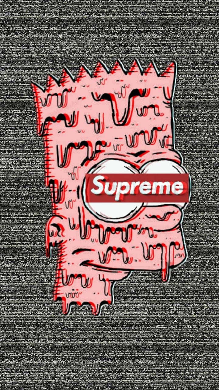 Simpsons Aesthetic 桌布 壁紙 — 一個滴落的粉紅色巴特·辛普森圖案，帶有紅色Supreme標誌，背景為紋理灰色布料。