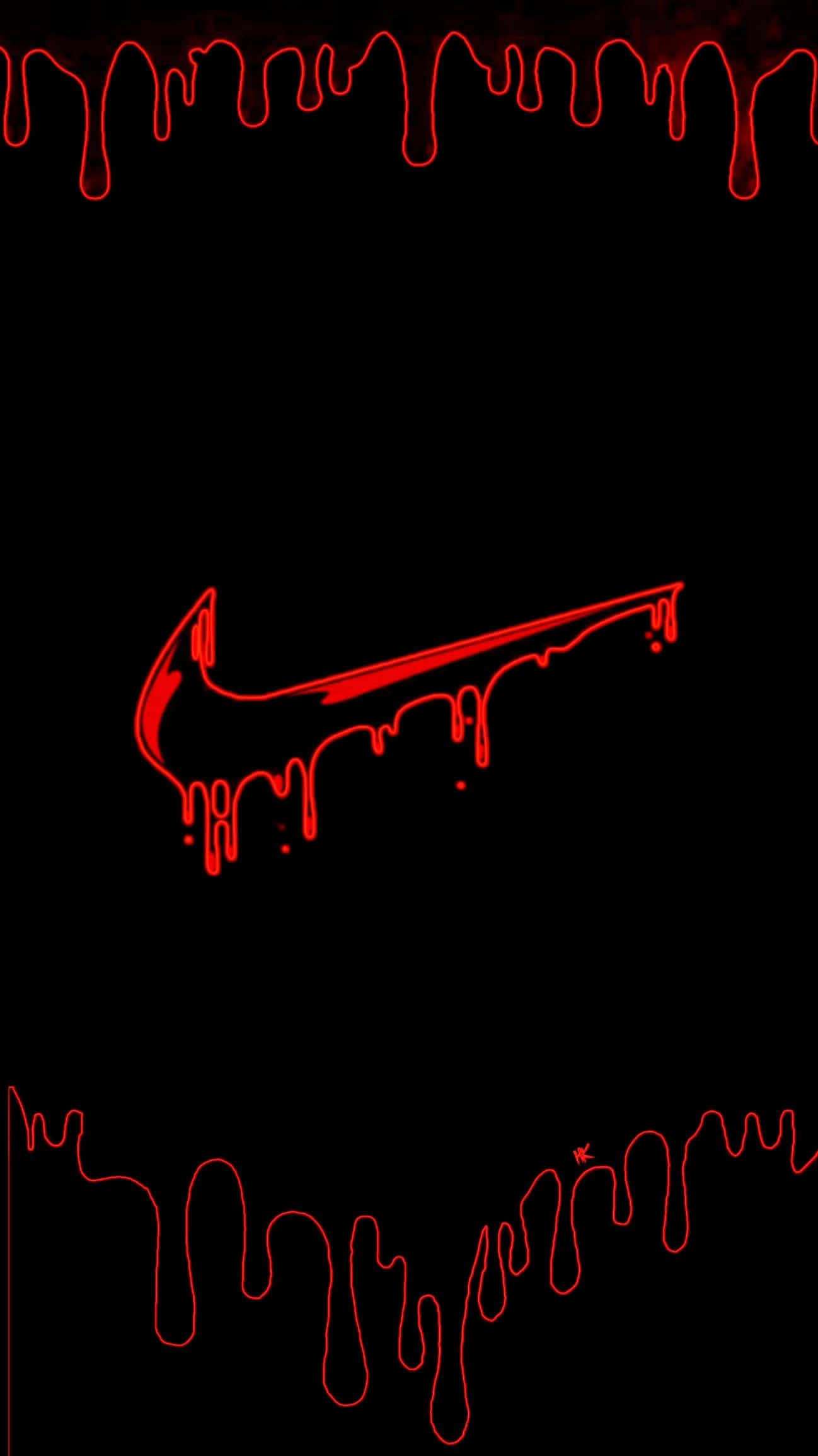 Red Led 桌布 壁紙 — 一個滴落的紅色Nike Swoosh標誌，以霓虹燈勾勒在黑色背景上，上下有滴落的紅色線條框住。