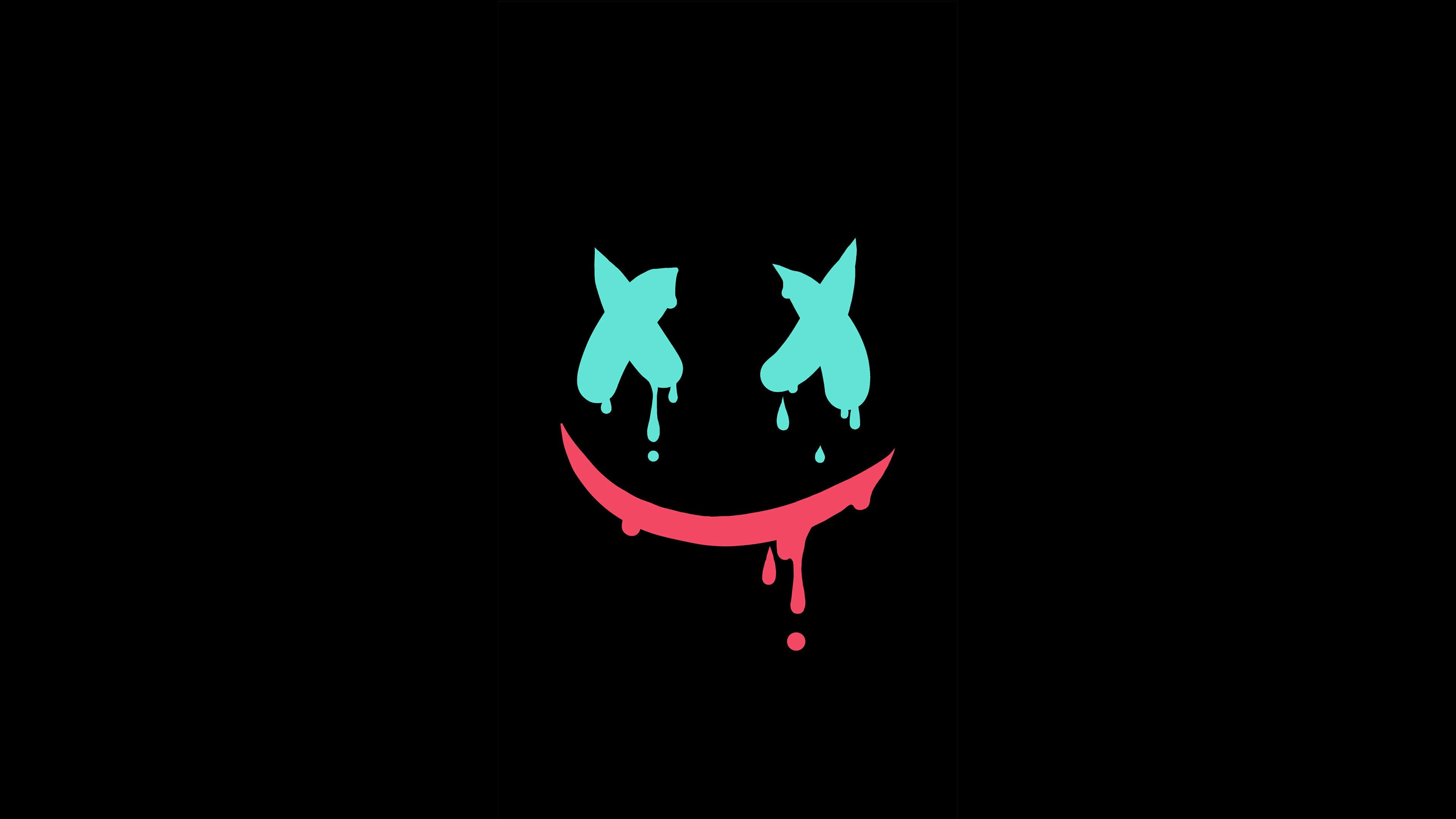 Marshmello 動態圖 桌布 壁紙 — 一個滴落的青色X眼微笑，帶有紅色咧嘴，襯以黑色背景。