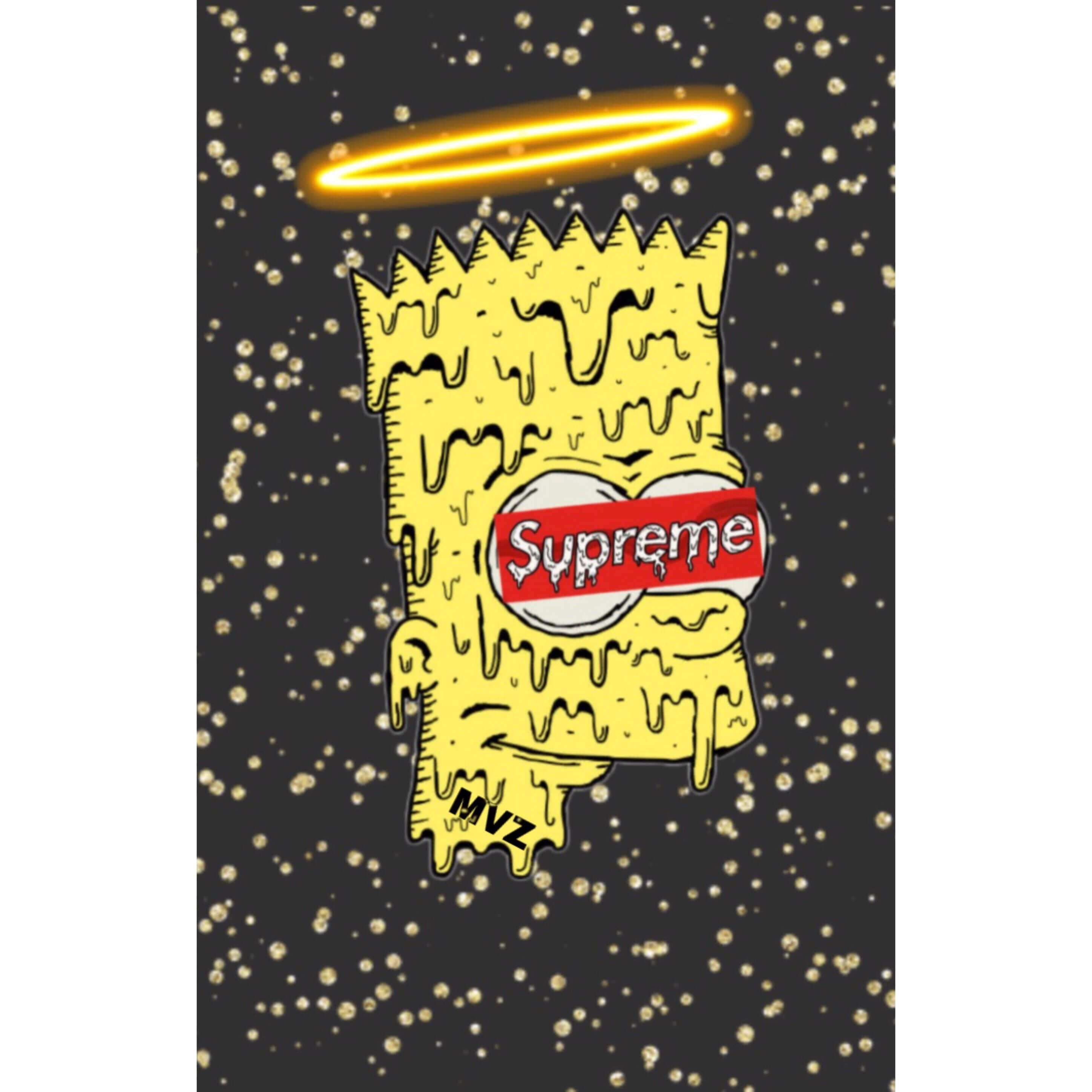 Dope Simpsons 桌布 壁紙 — 一個滴落的黃色巴特·辛普森，眼睛上有Supreme標誌，金色光環，背景是閃閃發光的黑色。