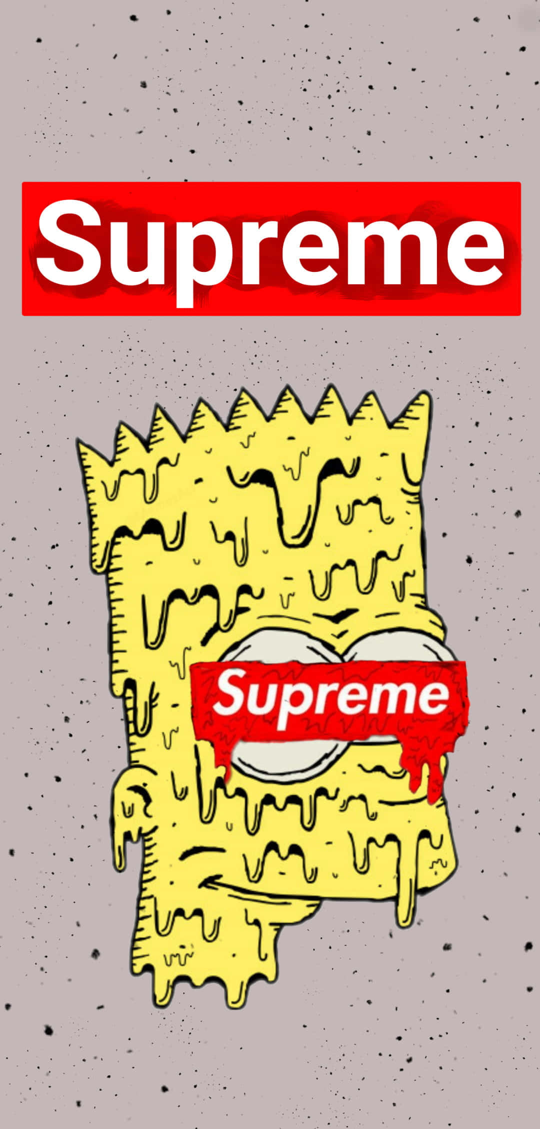 Supreme Cartoon 桌布 壁紙 — 一個滴落的黃色巴特·辛普森臉孔，眼睛上有紅色Supreme標誌，背景是斑點灰色。