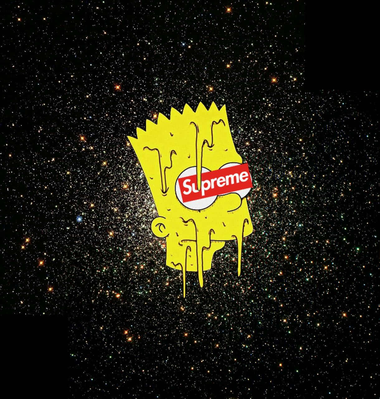 桌布 壁紙 — 一個滴落的黃色巴特·辛普森頭部帶有Supreme標誌，漂浮在星空宇宙背景上。