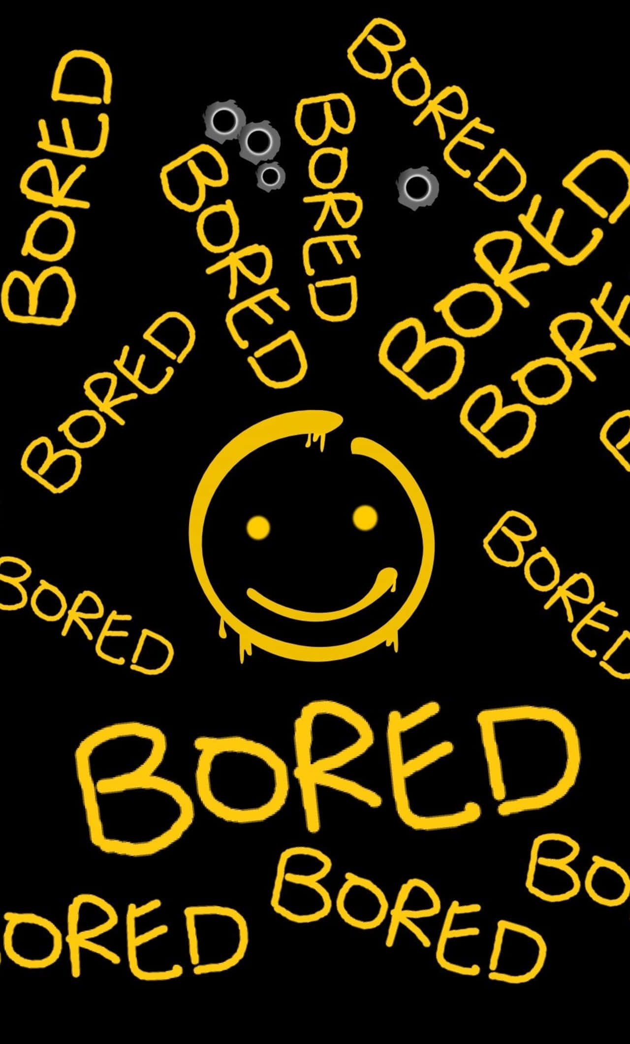 Bored 桌布 壁紙 — 一個滴落的黃色笑臉和重複的塗鴉風格單詞 bored 在黑色背景上。