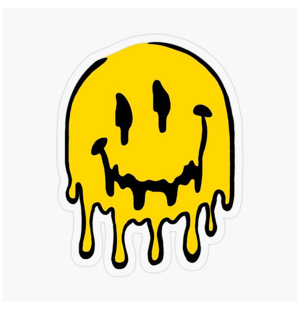 Aesthetic Trippy Smiley Face 桌布 壁紙 — 一個滴落的黃色笑臉貼紙，帶有黑色輪廓，在純白色背景上向下融化。