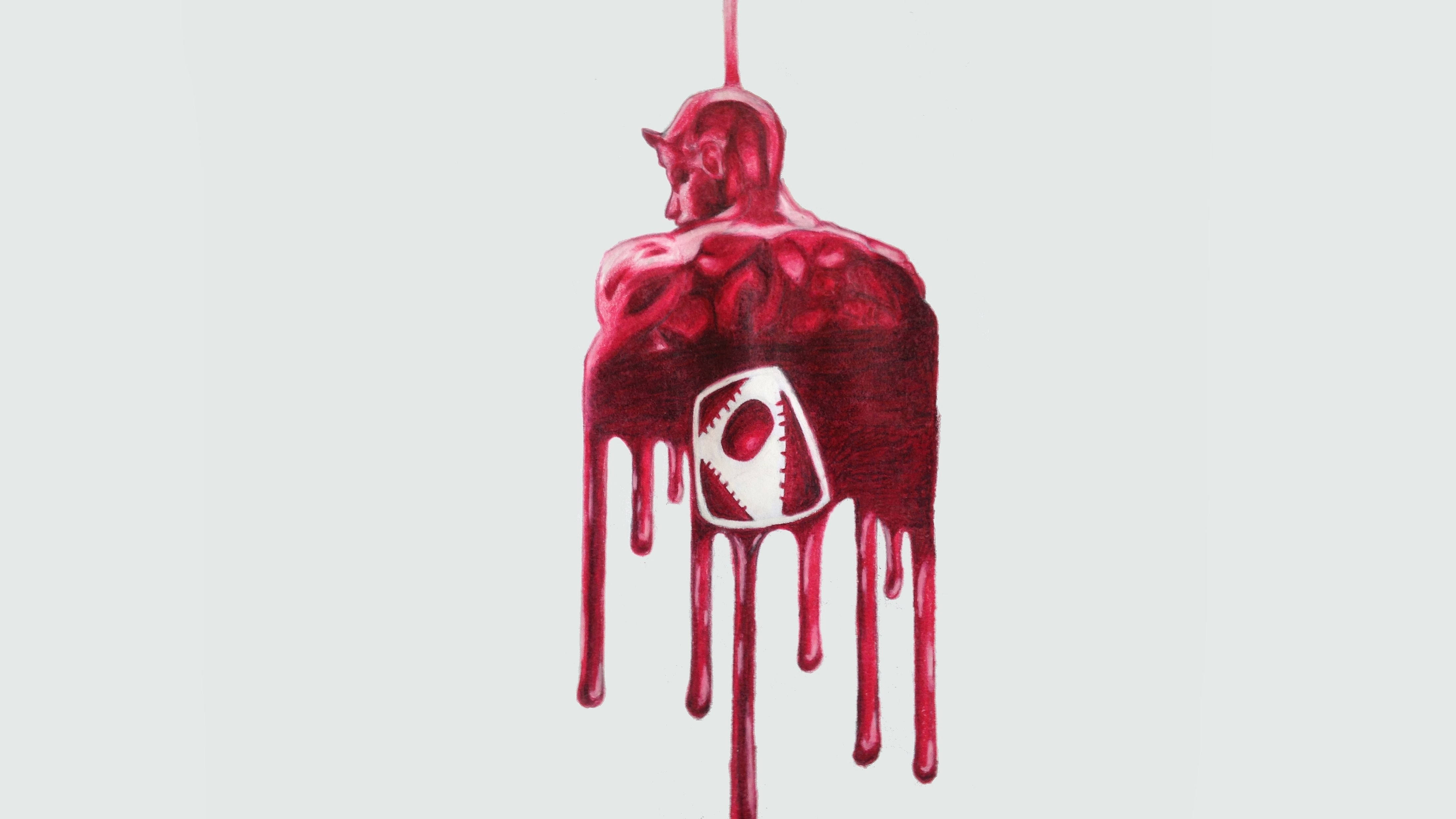 Blood 桌布 壁紙 — 一個滴血的紅色魔鬼形象，嘴巴被縫合，懸掛在蒼白的背景上。