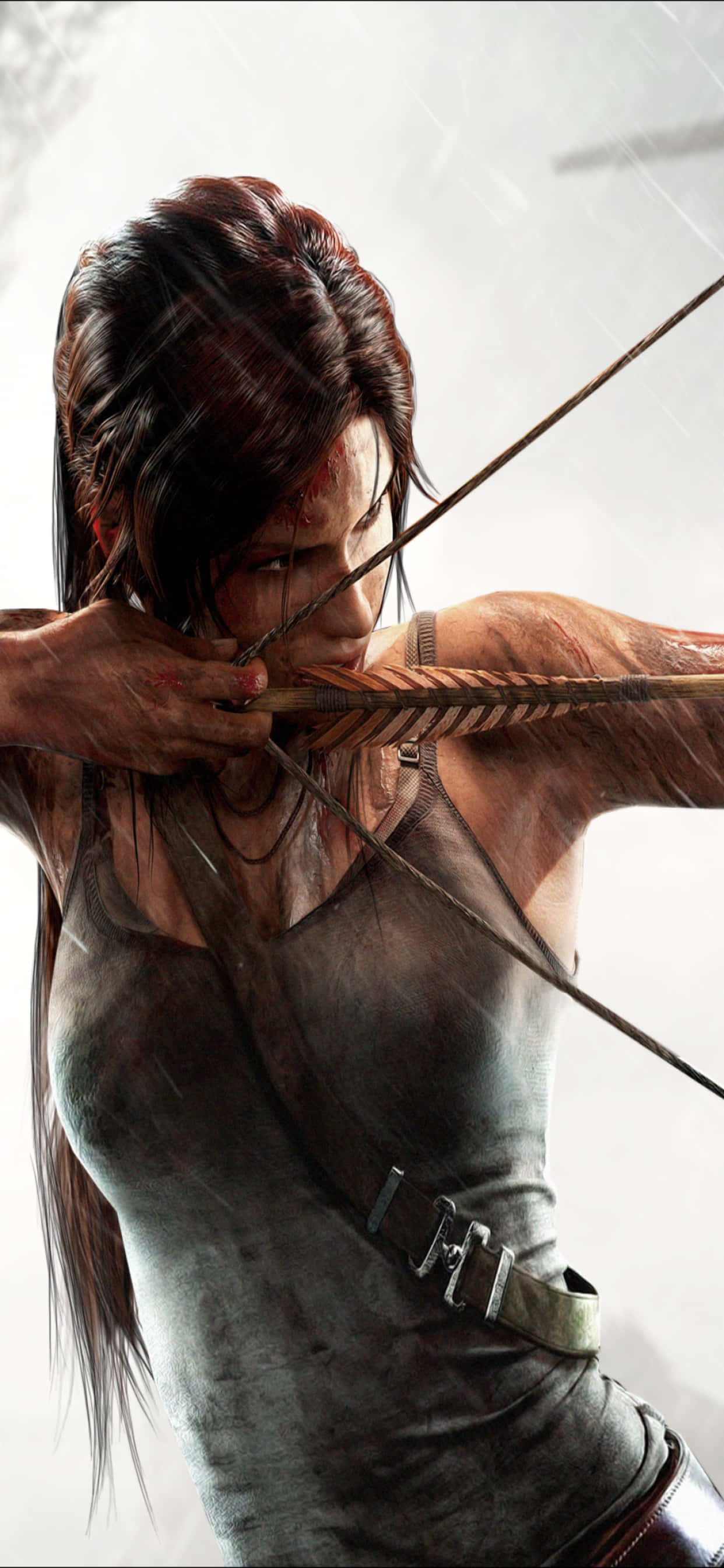 iPhone Xs Max Rise Of The Tomb Raider 桌布 壁紙 — 一個滿臉鮮血、意志堅定的女人在潮濕骯髒的環境中拉弓。