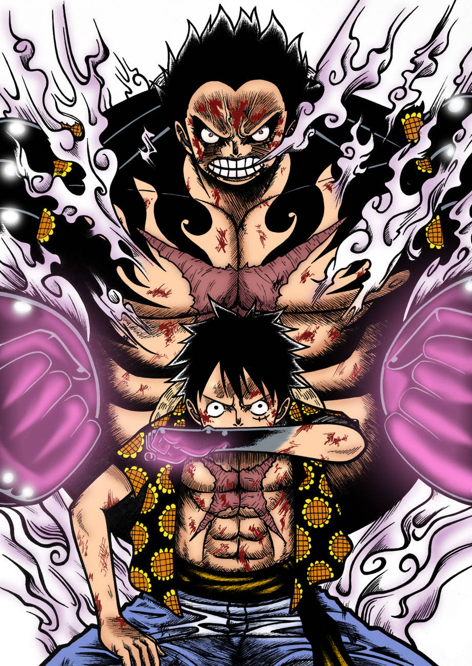 luffy gear 4 桌布 壁紙 — 一個滿臉鮮血、擁有紫色能量拳的兇猛動漫戰士，與一個穿著圖案襯衫的堅定年輕人發生衝突。