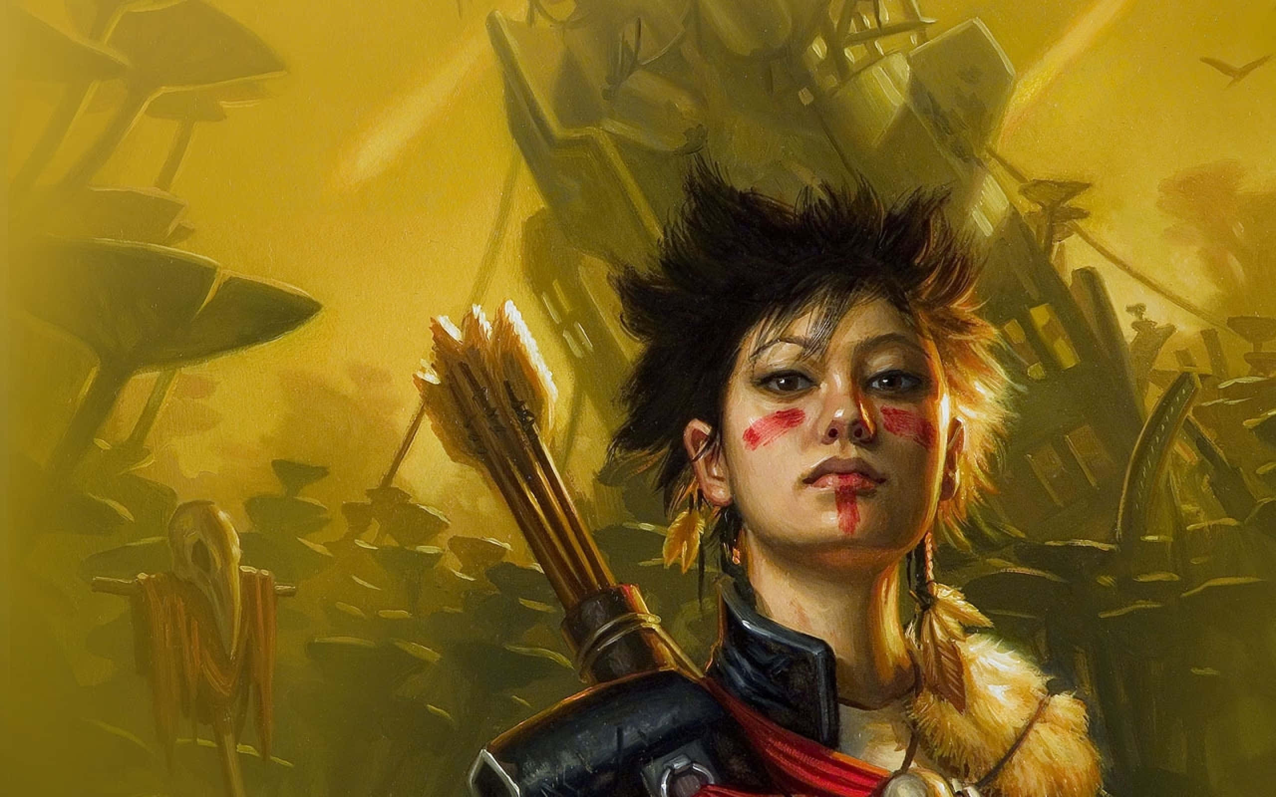Warrior 桌布 壁紙 — 一個滿臉鮮血、背著箭袋的兇猛戰士，在金色的廢墟城市景觀中挑釁地站立。