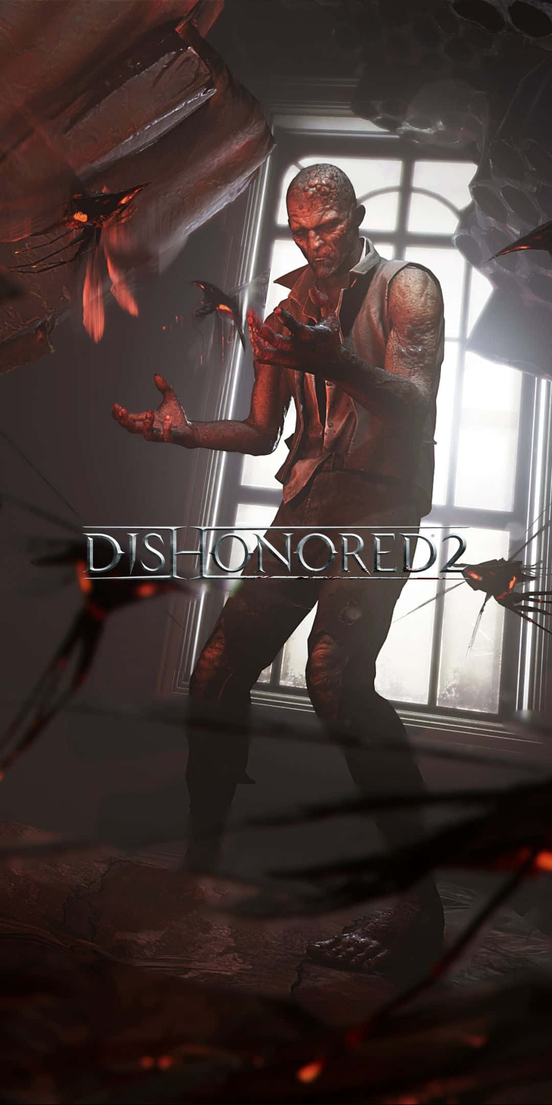 Pixel 3 Dishonored 2 桌布 壁紙 — 一個滿身傷痕的男人身處破爛的房間，沐浴在窗光中，被漂浮的紅眼昆蟲包圍。