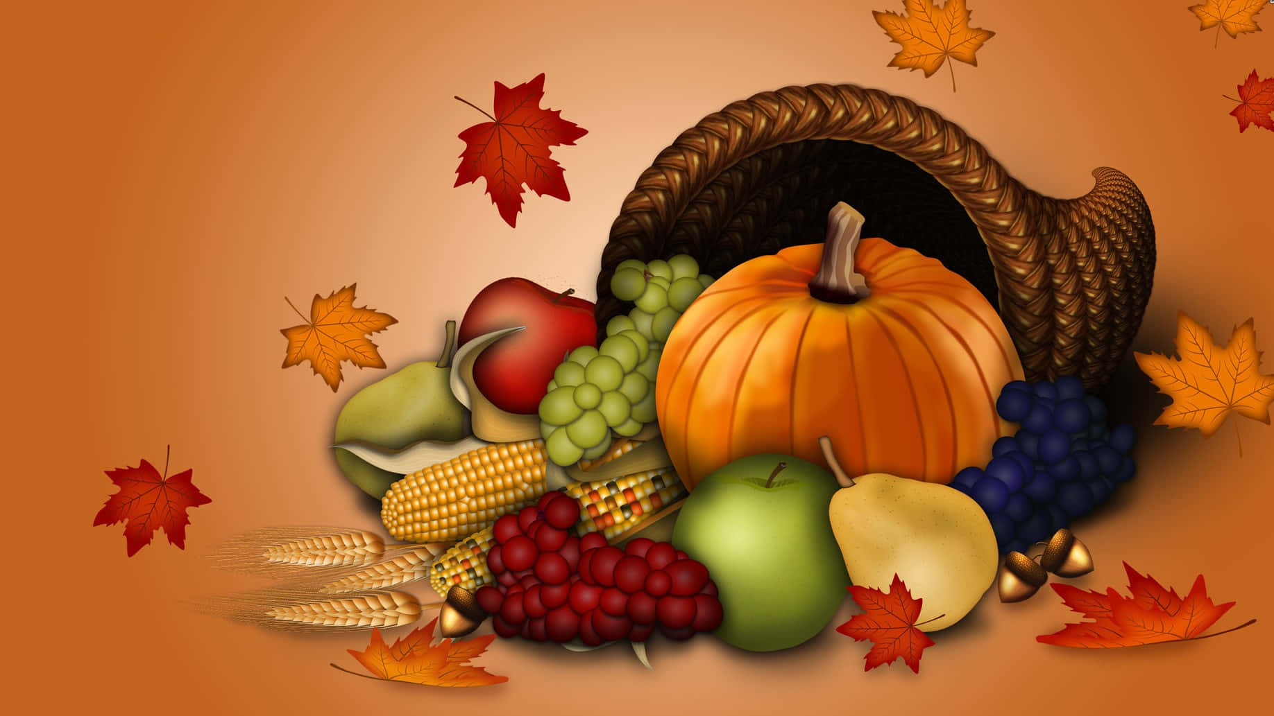 Beautiful Thanksgiving 桌布 壁紙 — 一個滿載南瓜、葡萄、蘋果和玉米的豐饒角，周圍散落著秋天的落葉，背景是溫暖的橙色。