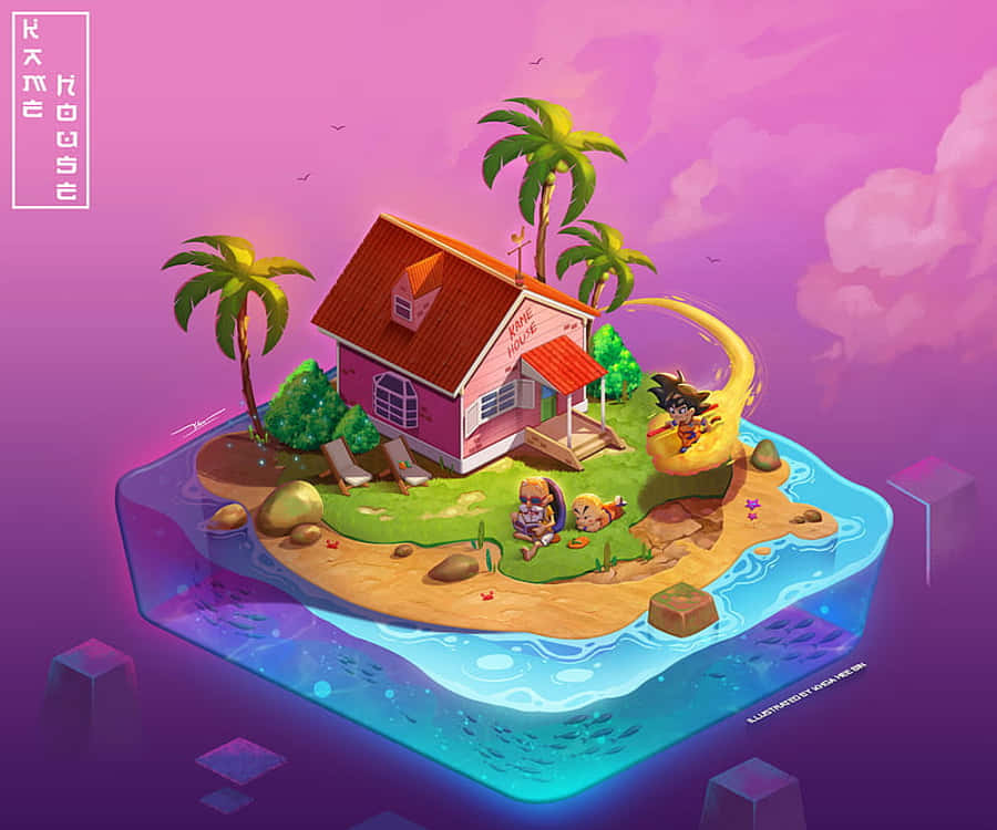 Kame House 桌布 壁紙 — 一個漂浮島嶼，上面有粉紅色房子、棕櫚樹，以及一條在紫色天空下飛越發光藍色水域的龍。