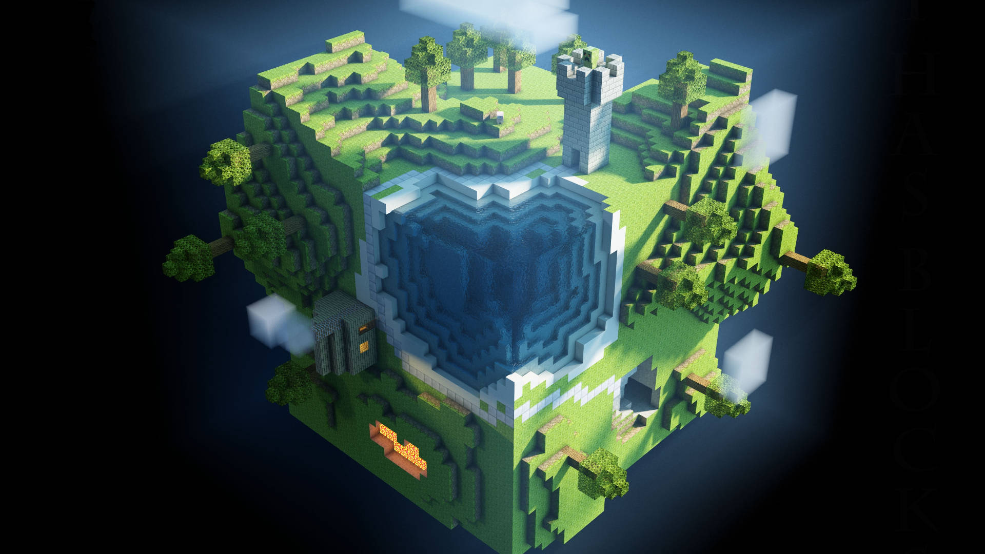 我的世界 桌布 壁紙 — 一個漂浮的Minecraft島嶼，中央有一個藍色水池，周圍環繞著綠色地形、樹木和石頭結構，在黑暗的天空下。