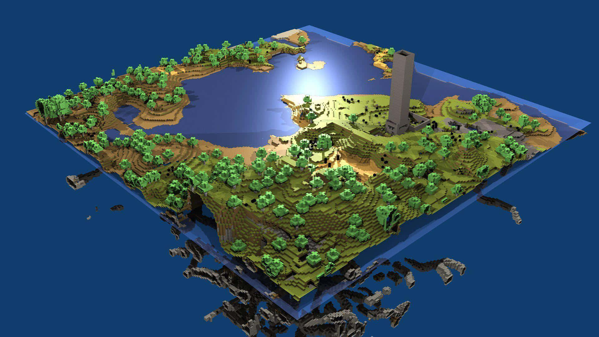 最佳我的世界 桌布 壁紙 — 一個漂浮的Minecraft島嶼，有綠色樹木、湖泊和一座高塔，在深藍色背景下被明亮的光線照亮。