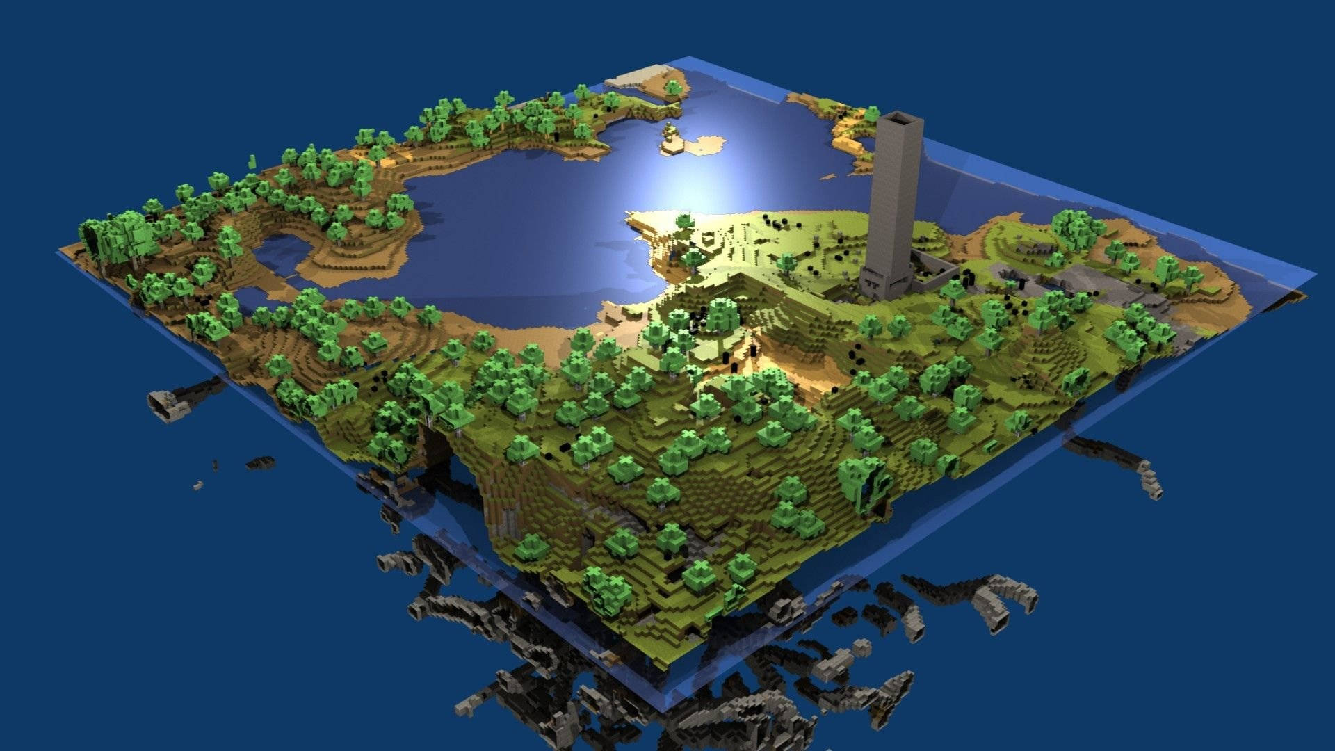 Village 桌布 壁紙 — 一個漂浮的Minecraft島嶼，有茂密的綠色樹木、湖泊和一座高塔，被明亮的光線照亮，背景是深藍色的虛空。