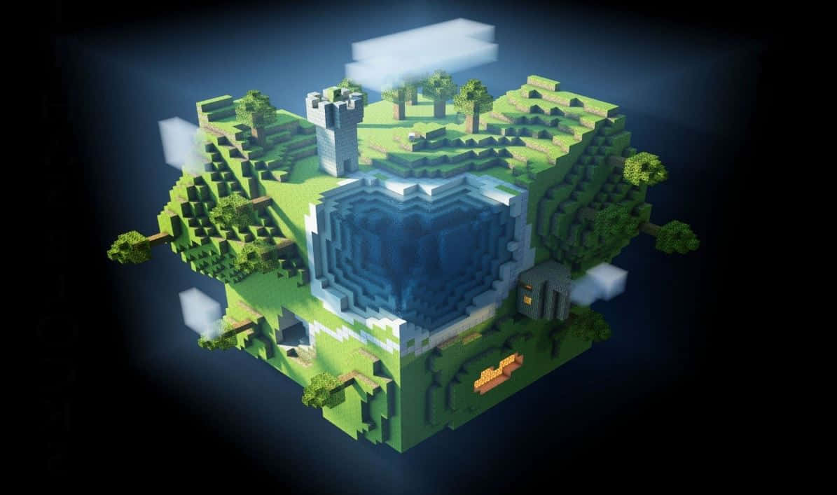 Minecraft Pixel Art 桌布 壁紙 — 一個漂浮的Minecraft島嶼，中央有一個藍色水池，周圍環繞著綠色方塊、樹木和一座城堡，在黑暗的天空下。