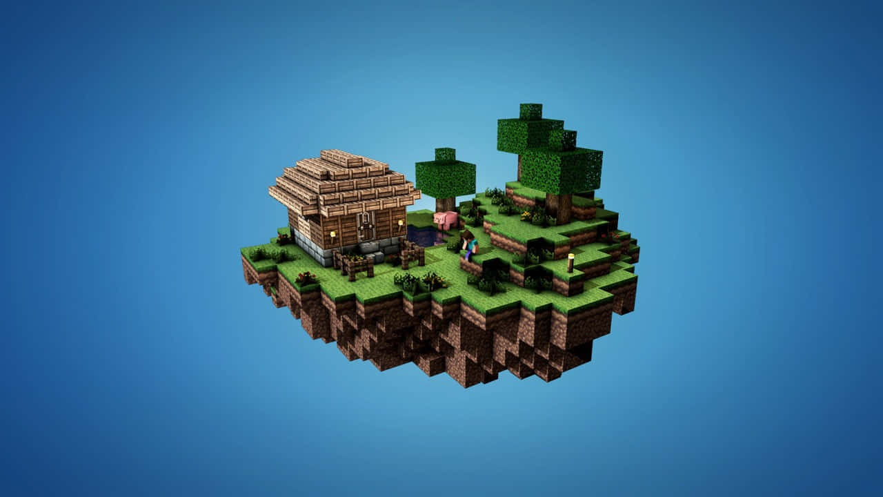 電玩遊戲 桌布 壁紙 — 一個漂浮的Minecraft島嶼，上面有木屋、樹木和一隻豬，背景是漸層藍天。