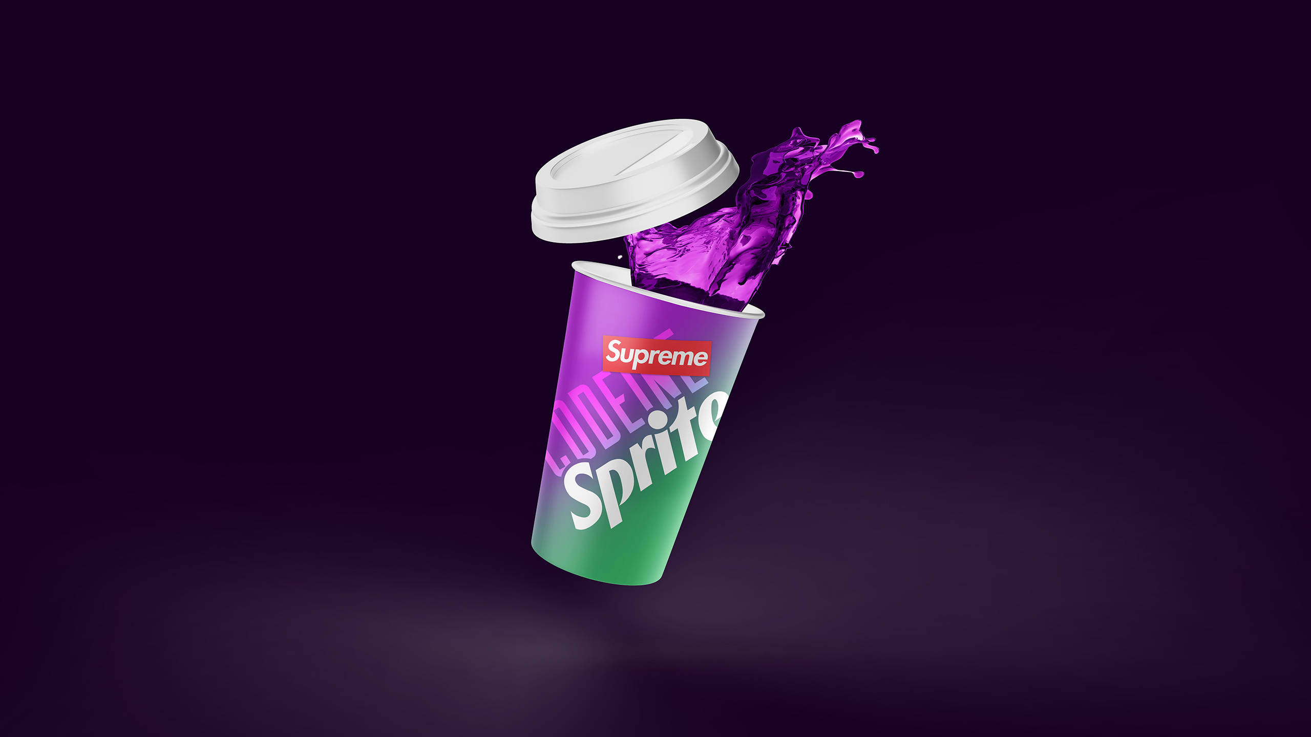 sprite 桌布 壁紙 — 一個漂浮的Sprite杯，帶有Supreme標誌和紫色液體飛濺，背景為深紫色。