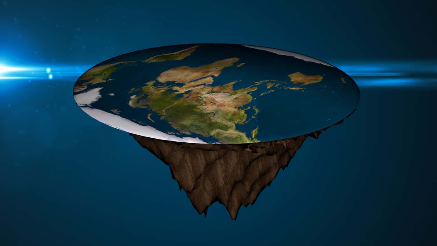 Flat Earth 桌布 壁紙 — 一個漂浮的地球，帶有可見的大陸和鋸齒狀的棕色底座，背景是深藍色的宇宙，有發光的光線。