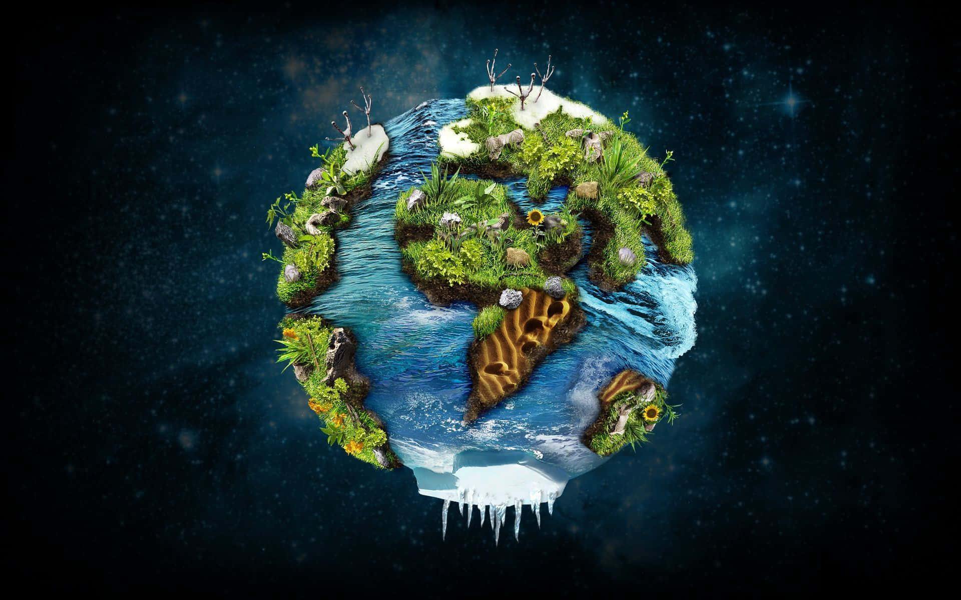 3d Earth 桌布 壁紙 — 一個漂浮的地球儀，擁有茂密的綠色大陸和冰蓋，懸浮在繁星點點的宇宙虛空中。