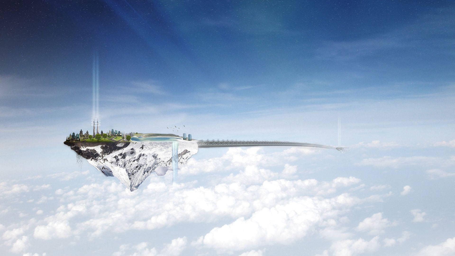 Floating 桌布 壁紙 — 一個漂浮的山島，上面有未來城市和橋樑，懸浮在蓬鬆的雲層之上，星空下。