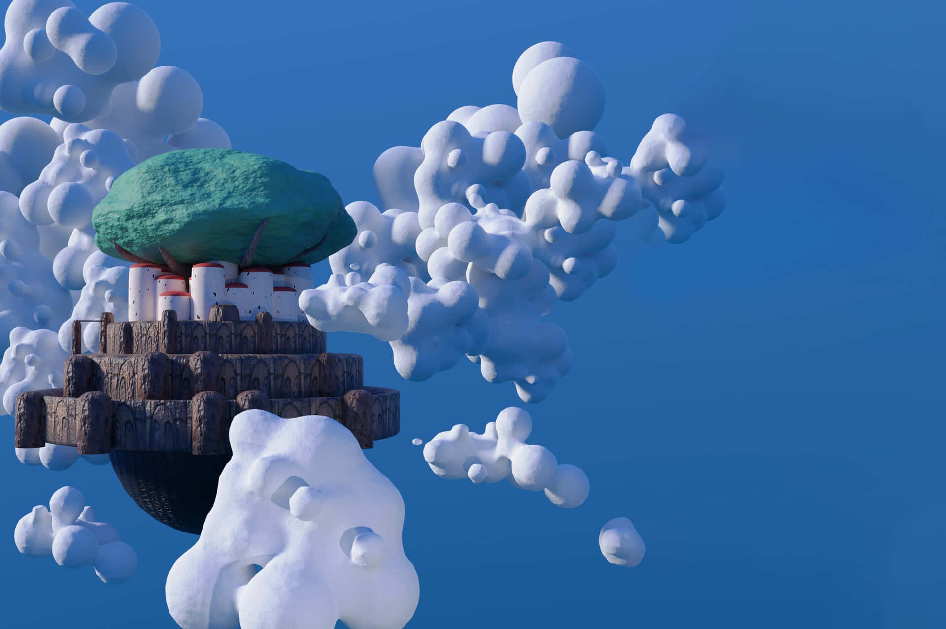 Castle In The Sky 桌布 壁紙 — 一個漂浮的島嶼，上面有綠樹和石頭結構，被蓬鬆的白雲環繞，背景是清澈的藍天。