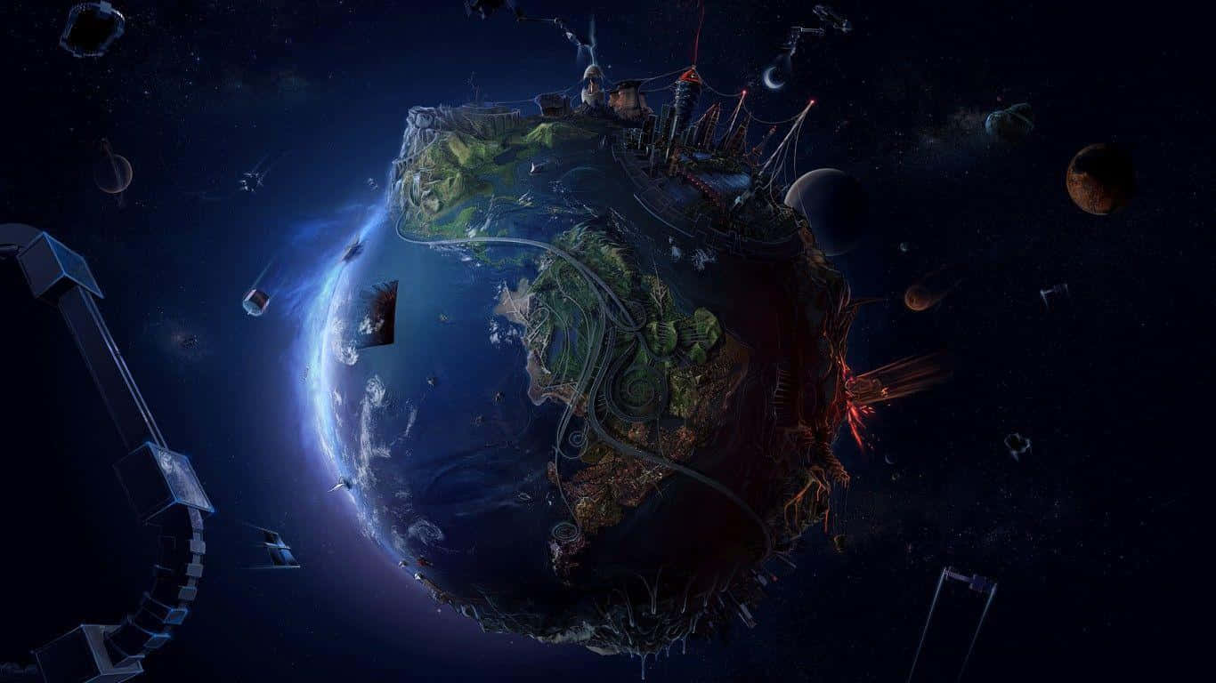Fantasy Space 桌布 壁紙 — 一個漂浮的島嶼，擁有茂密的綠色植物和未來主義建築，在深空中懸浮在一個發光的藍色星球旁邊。