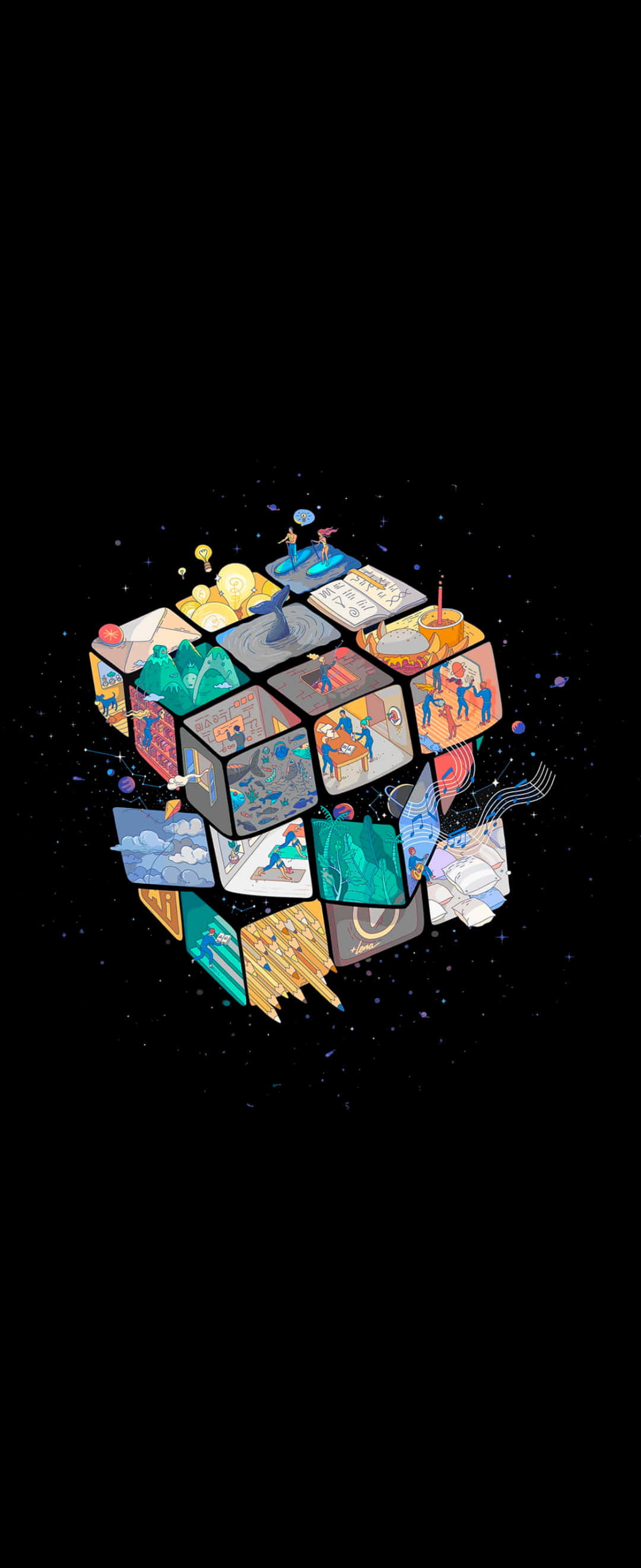 1080x2640 桌布 壁紙 — 一個漂浮的立方體，帶有色彩繽紛的插圖面板，描繪了星空黑色背景下的多樣場景。
