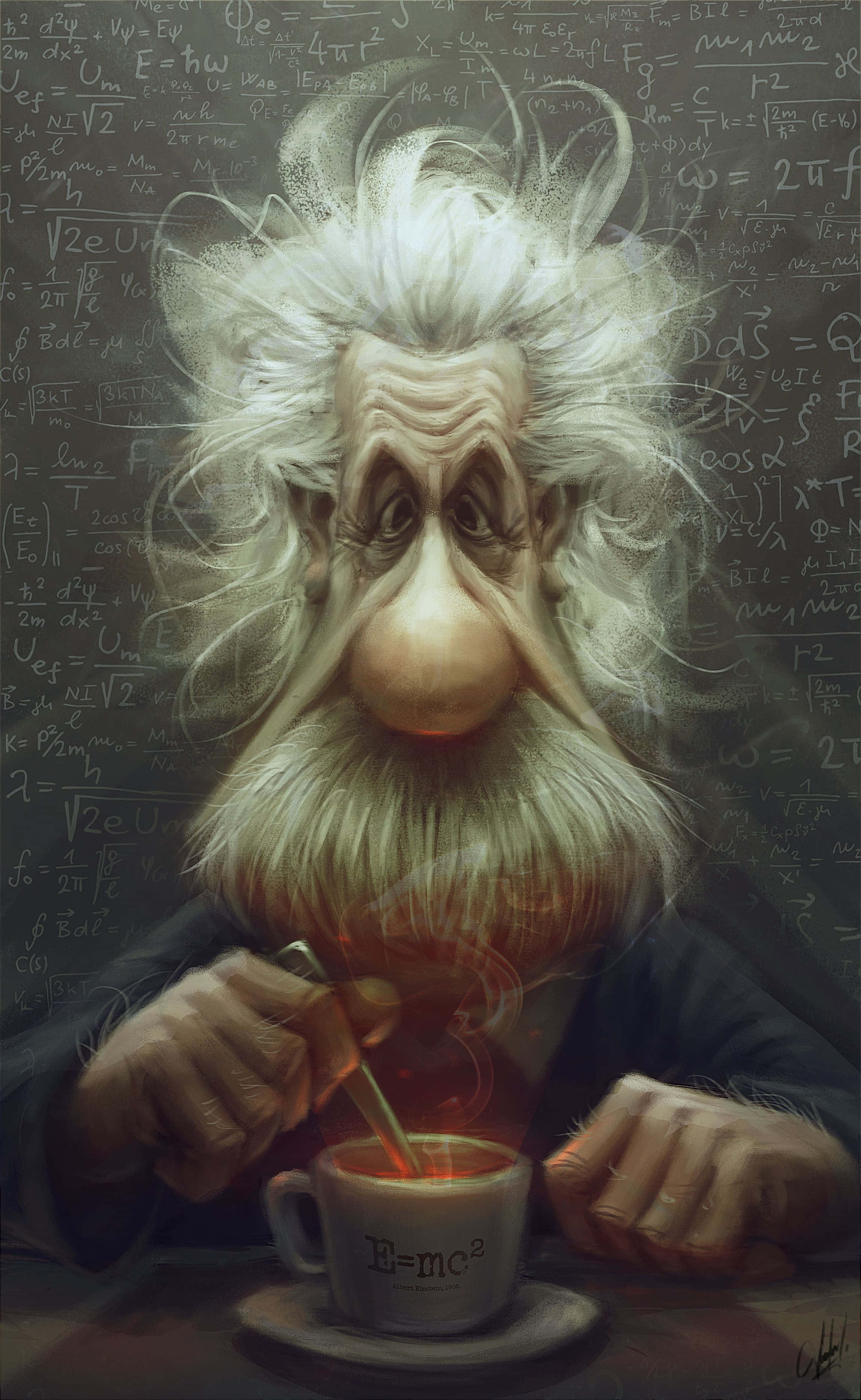 Albert Einstein 桌布 壁紙 — 一個漫畫化的愛因斯坦，白色亂髮，從一個寫有E=mc²的馬克杯啜飲咖啡，背景是佈滿物理方程式的黑板。