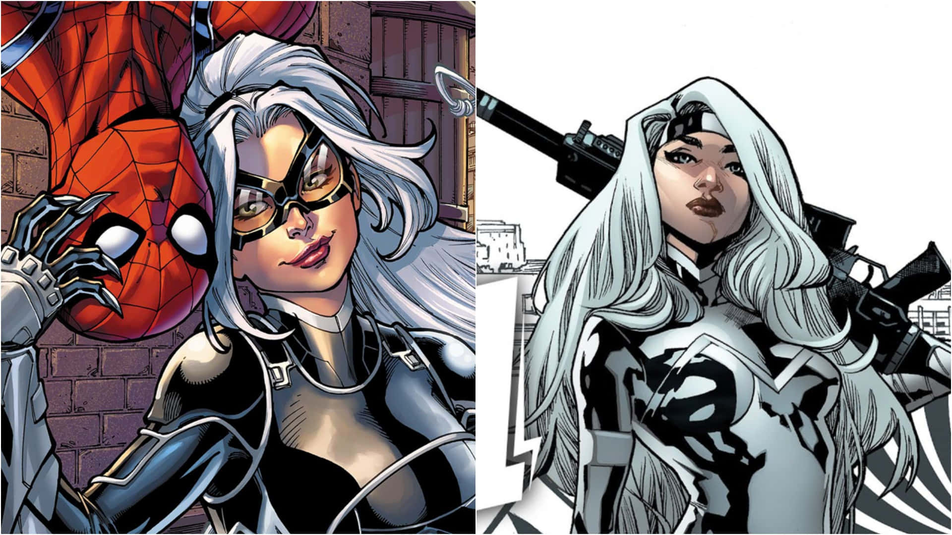 Silver Sable 桌布 壁紙 — 一個漫畫書分割圖像，描繪白髮黑裝的蜘蛛女俠抱著蜘蛛俠的頭，旁邊是她拿著步槍的單色版本。