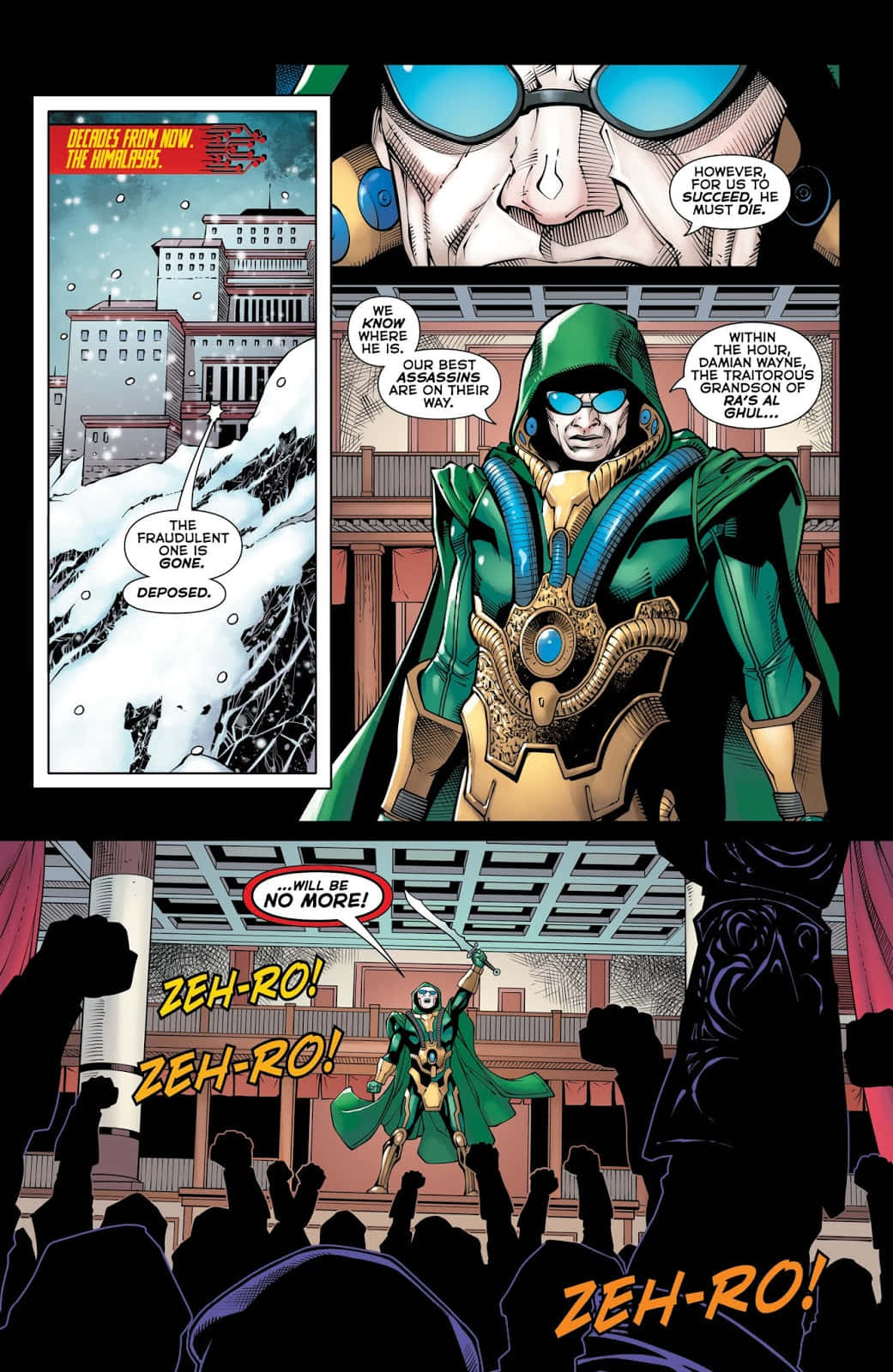 The League Of Assassins 桌布 壁紙 — 一個漫畫書面板顯示一位戴面具的英雄穿著綠色和金色盔甲宣佈戰勝反派，在雪景城市景觀中受到人群歡呼。