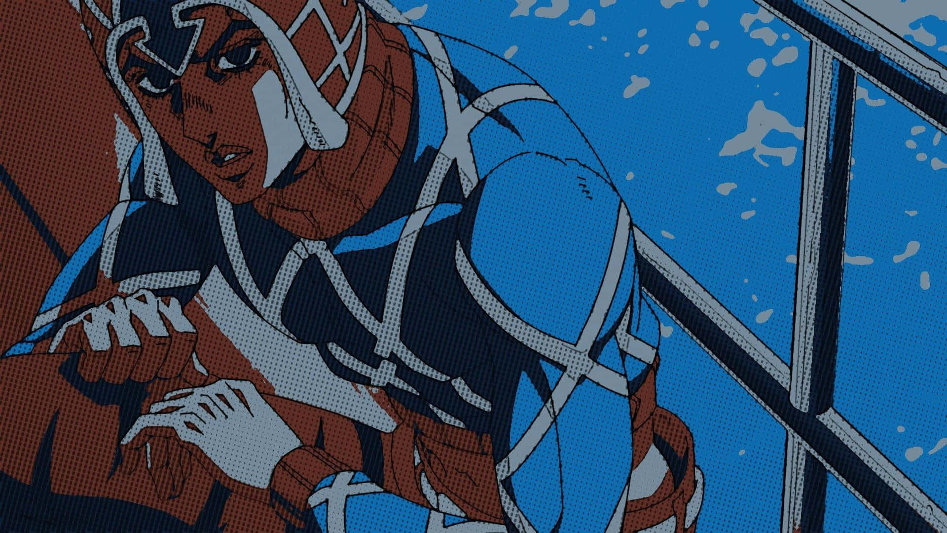 Guido Mista 桌布 壁紙 — 一個漫畫書風格的超級英雄，身穿藍色和紅色緊身衣，蹲在欄杆上，背景是藍天和白色飛濺。