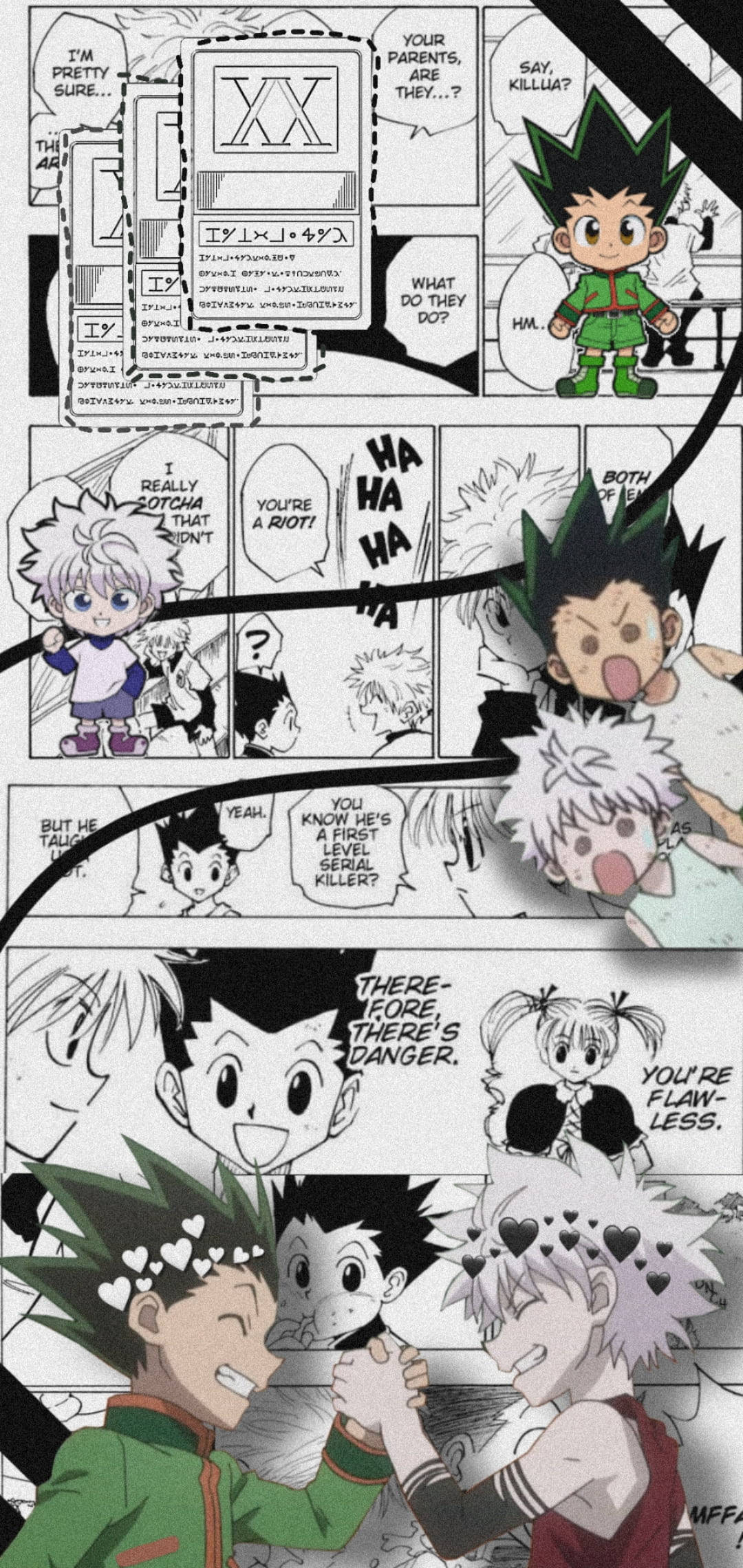 Gon And Killua 桌布 壁紙 — 一個漫畫格，以漫畫書佈局呈現Q版風格角色，附有對話氣泡和表情豐富的臉孔。