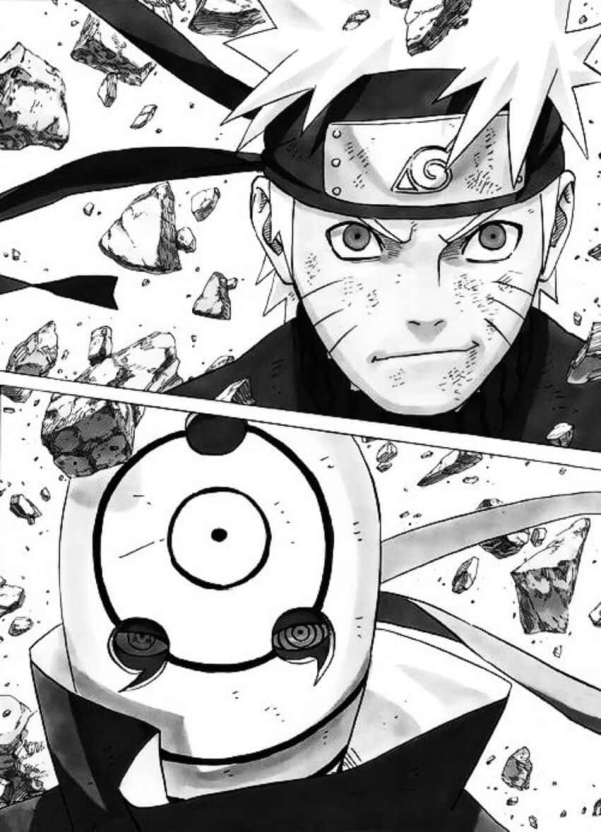 Naruto Manga 桌布 壁紙 — 一個漫畫格展示了一位堅定的年輕忍者，有著刺蝟頭和頭帶，面對一個戴面具、擁有寫輪眼的角色，周圍有飛揚的碎片。