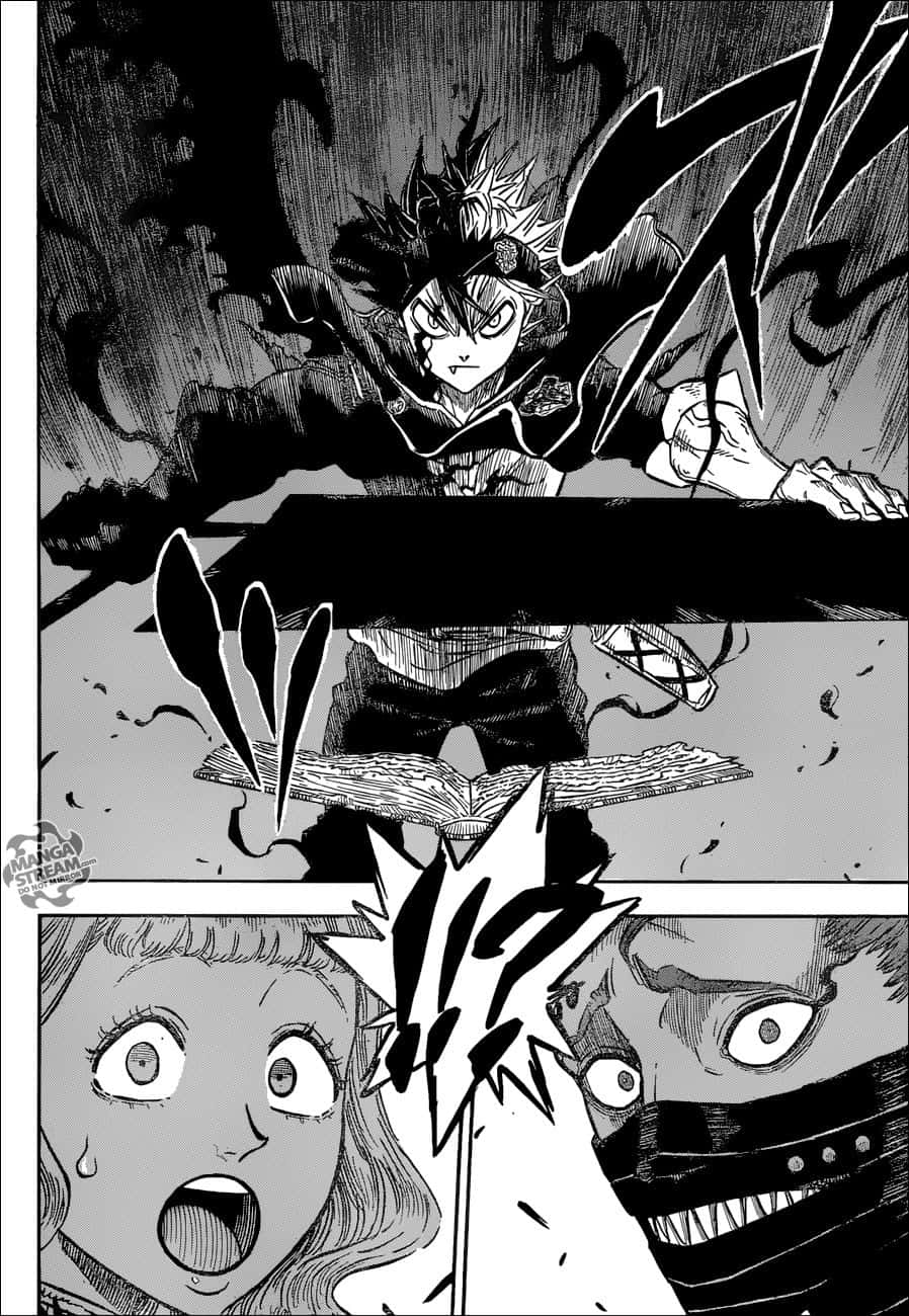Black Clover Anime 桌布 壁紙 — 一個漫畫格展示了一個刺蝟頭男孩在一本破碎的書上擺出動態姿勢，下方有一個震驚的女孩和一個蒙面反派。