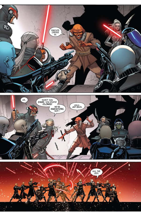 The Order 66 桌布 壁紙 — 一個漫畫格顯示一位身穿棕色長袍的絕地大師在一個破損骯髒的走廊中，面對手持紅色光劍和爆能槍的複製人士兵。