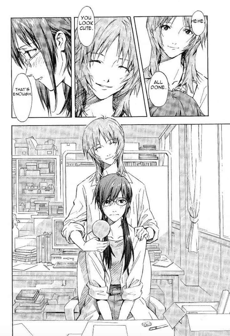 Yui Ikari 桌布 壁紙 — 一個漫畫格顯示一個女孩在雜亂的房間裡被另一個女孩做頭髮，並有對話氣泡。