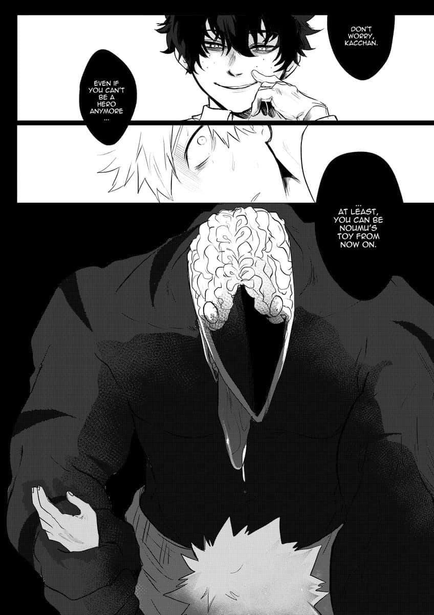 Bakugou 桌布 壁紙 — 一個漫畫格顯示一個微笑的角色正在安撫另一個角色，而一個戴著面具、頭部像大腦的人物在下方潛伏。