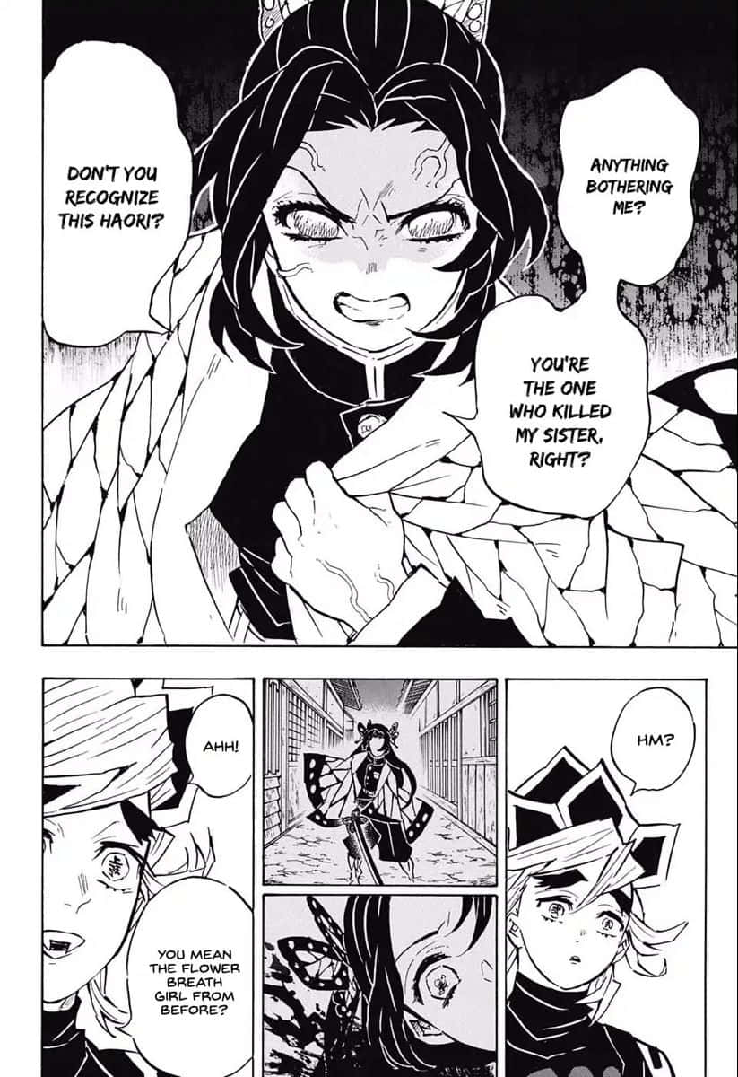 Demon Slayer Manga 桌布 壁紙 — 一個漫畫格顯示一個憤怒的女性惡魔殺手正在對峙對手，她的臉因憤怒而扭曲，指責他們殺死了她的妹妹。