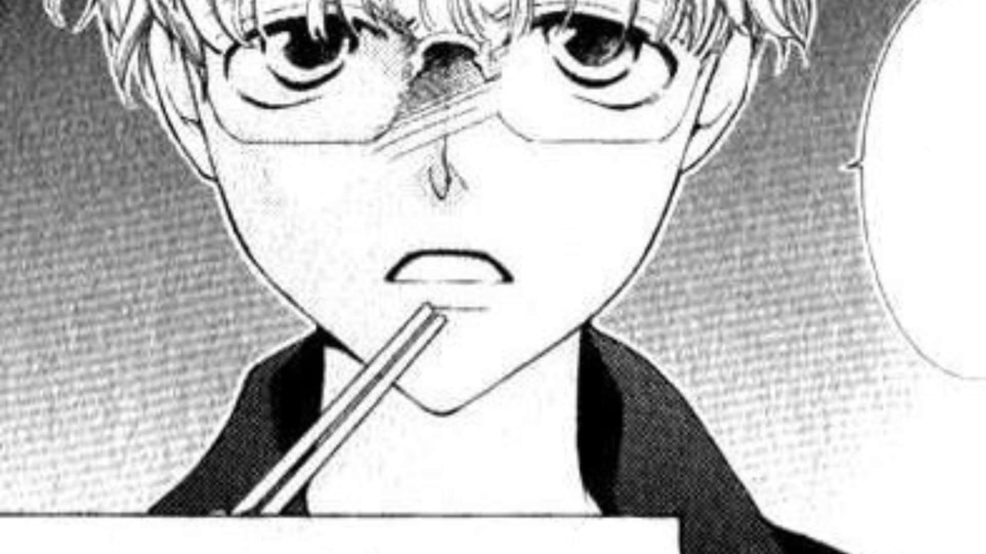 Yasuchika Haninozuka 桌布 壁紙 — 一個漫畫格顯示一個戴眼鏡的小男孩拿著筷子放到嘴邊，表情驚訝。