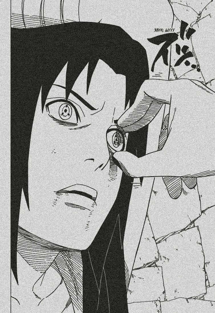 Sasuke Manga 桌布 壁紙 — 一個漫畫格顯示一個有尖刺頭髮的角色，其寫輪眼被另一個帶有螺旋圖案的眼睛取代。