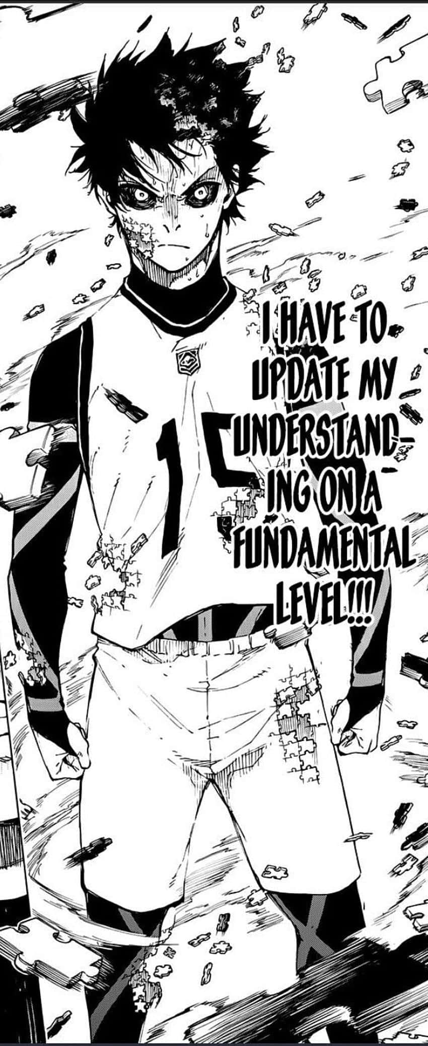 Manga Pages 桌布 壁紙 — 一個漫畫格顯示一個穿著破爛運動衫的堅定年輕人在碎片飛揚中大喊。