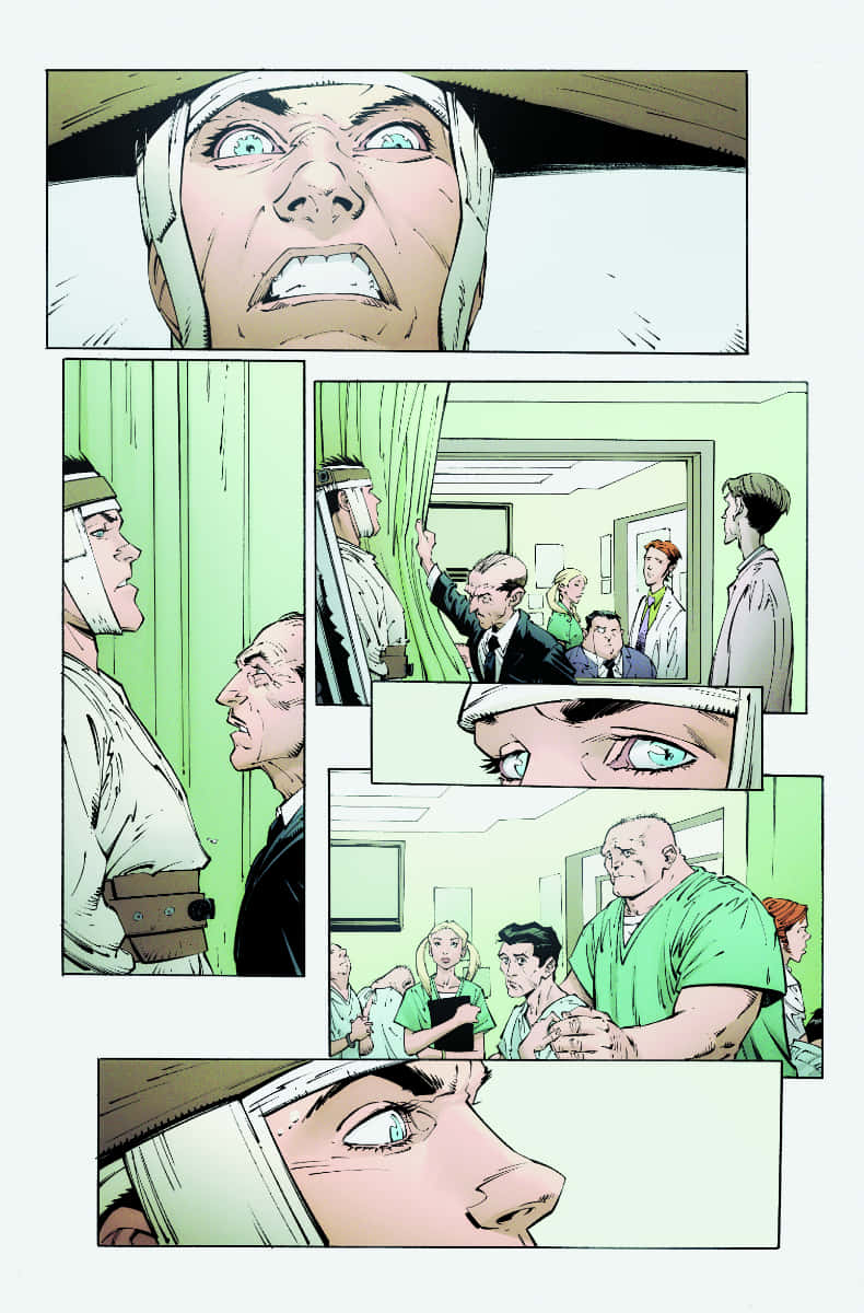 Batman Last Knight On Earth 桌布 壁紙 — 一個漫畫格顯示一個纏著繃帶的男人在醫院床上驚恐地反應，醫生和訪客聚集在他周圍。