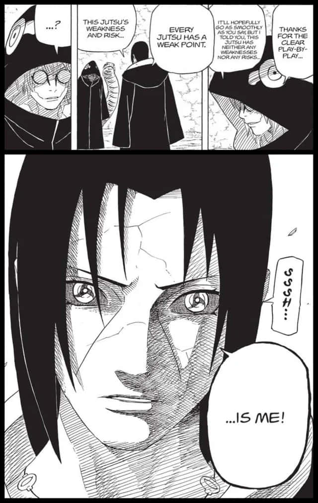 Naruto Manga 桌布 壁紙 — 一個漫畫格顯示一個角色皮膚裂開，露出隱藏的臉孔和震驚的表情，對話揭示忍術的弱點是使用者本人。