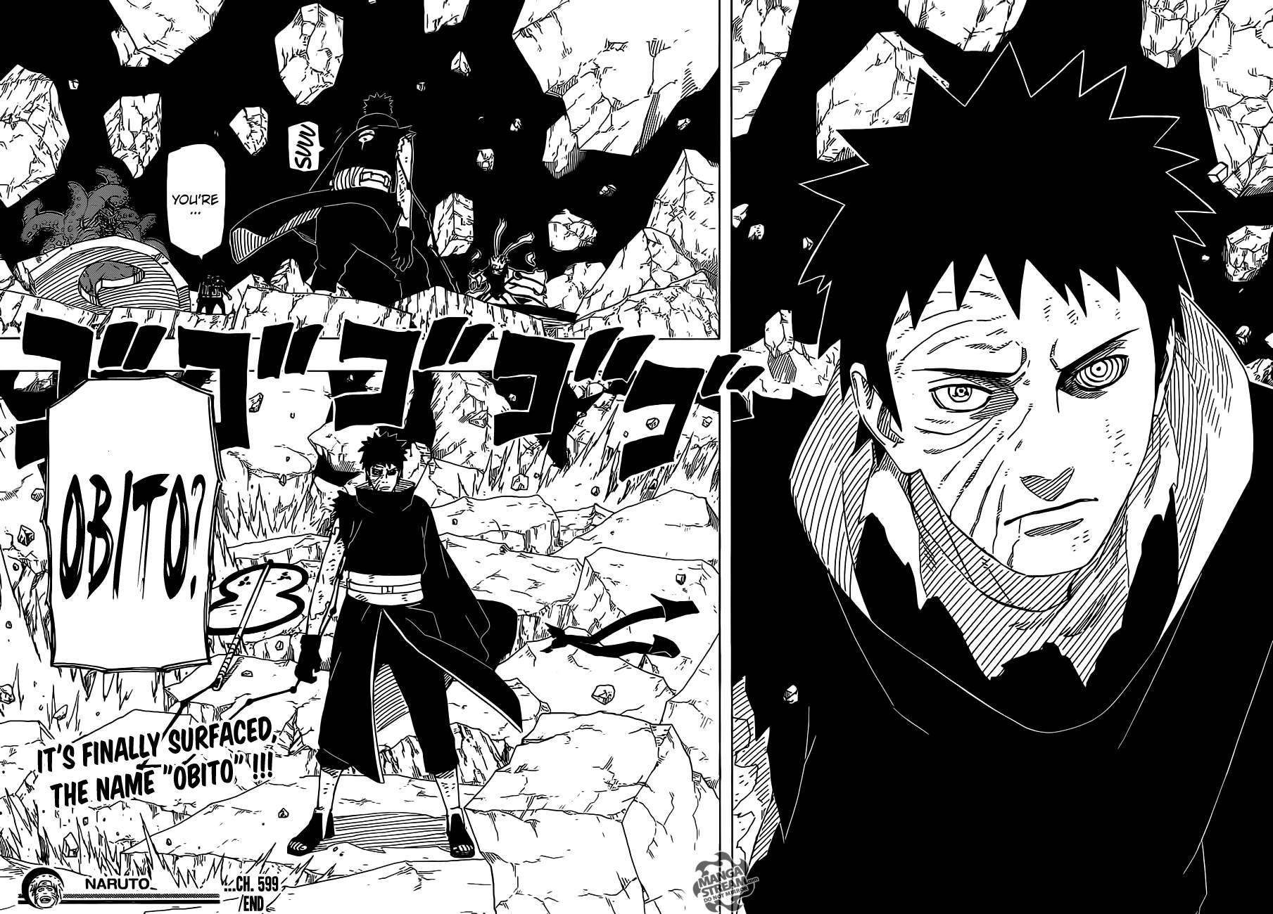 Obito Uchiha 桌布 壁紙 — 一個漫畫格顯示一個震驚的角色大喊「OBITO？」而一個威脅性的身影在破碎的岩石和戲劇性的音效中潛伏在他身後。