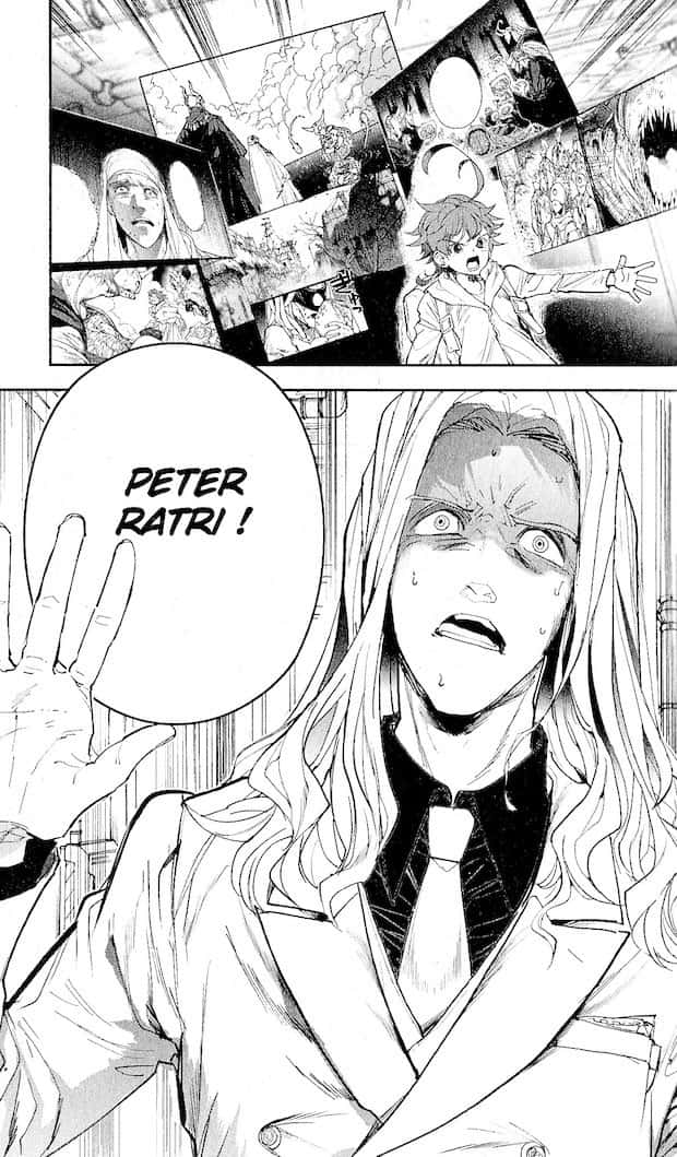 The Promised Neverland Peter Ratri 桌布 壁紙 — 一個漫畫格顯示一個驚恐的男人大喊「PETER RATRI！」，而漂浮的漫畫格在他周圍描繪混亂的場景。