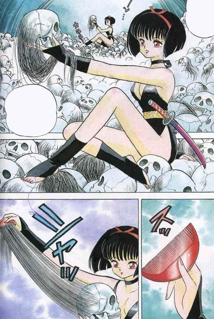 Inuyasha Yura 桌布 壁紙 — 一個漫畫格顯示一個黑髮女孩穿著黑色服裝，在骷髏海中揮舞著劍，同時拿著梳子和長髮。