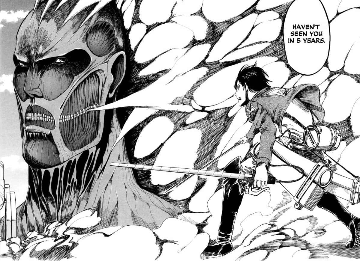 Aot Manga 桌布 壁紙 — 一個漫畫格顯示一名士兵持劍面對一個巨大的人形巨人，並有一個對話框說「5年未見」。